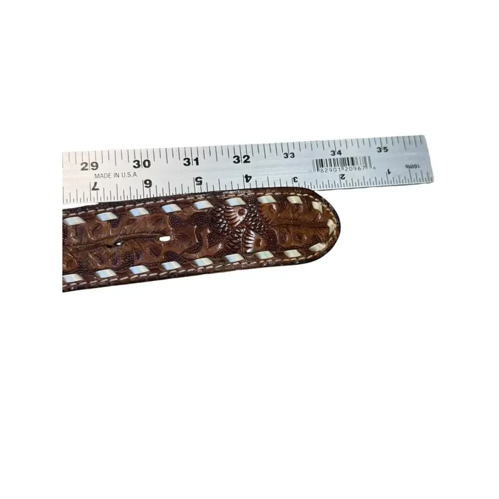 Vintage Hand-Tooled Brown Leather Belt with Kevin Size 30 (Belt Only no Buckle)